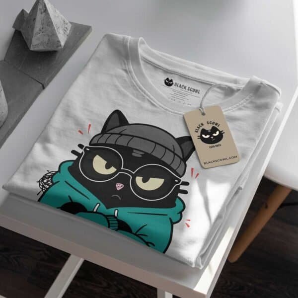 blackscowl-unisex-tee-small-talk-nope-cat-folded-tag-detail Detail of Black Scowl custom tag on "Small Talk, Big Nope" tee