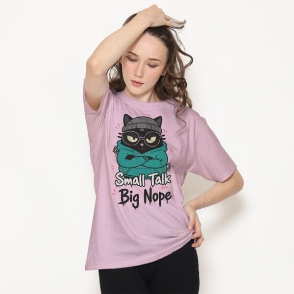blackscowl-unisex-tee-small-talk-nope-cat-lila-model-2 Black Scowl Introvert Tee in Purple/Lila - Anti-Social Humor
