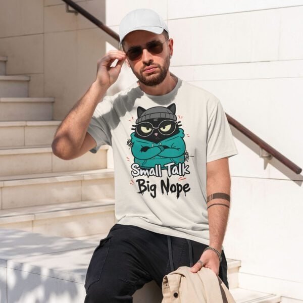 blackscowl-unisex-tee-small-talk-nope-cat-white-male-outside Unisex WFH Sarcastic T-Shirt in White - Introvert Office Life