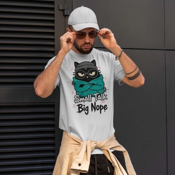 blackscowl-unisex-tee-small-talk-nope-cat-white-male-style Male model wearing "Small Talk, Big Nope" tee - WFH Humor