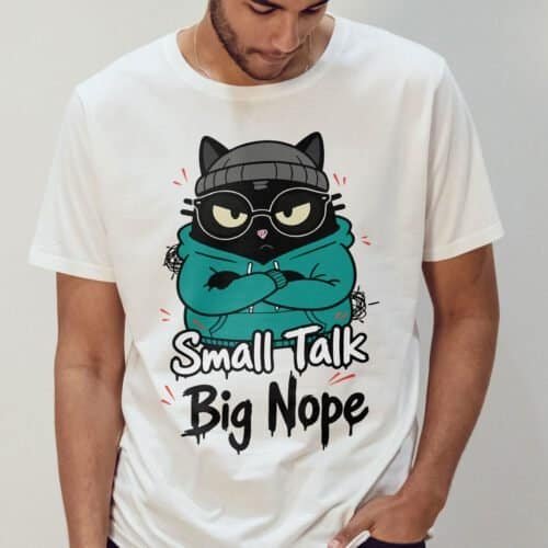 blackscowl-unisex-tee-small-talk-nope-cat-white-model-cover Cover image of "Small Talk, Big Nope" shirt in White color