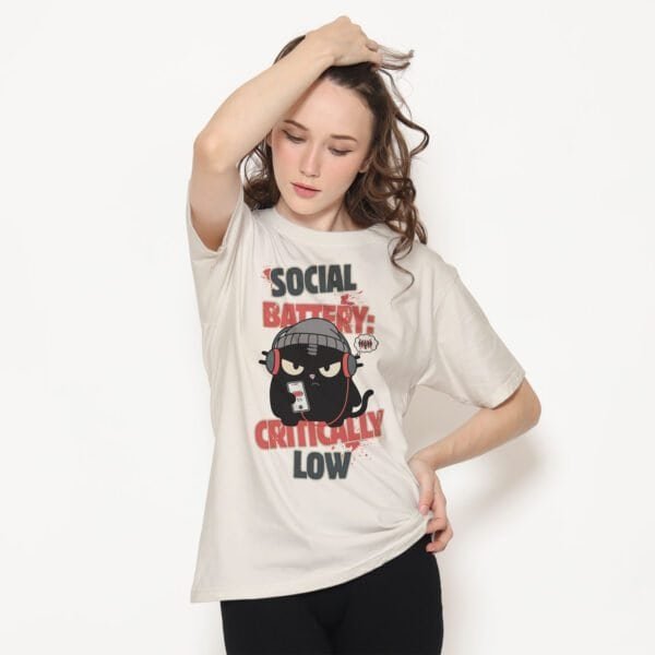 blackscowl-unisex-tee-social-battery-low-beige-female-style 'Social Battery: Critically Low' Unisex T-Shirt | Sarcastic Introvert Cat