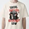 blackscowl-unisex-tee-social-battery-low-beige-male-front Front view of "Social Battery Critically Low" shirt in Vintage White/Beige