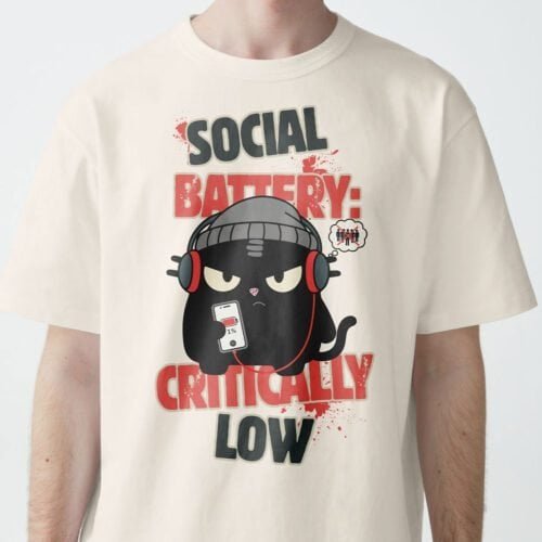 Front view of "Social Battery Critically Low" shirt in Vintage White/Beige