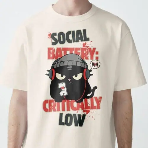 Front view of "Social Battery Critically Low" shirt in Vintage White/Beige
