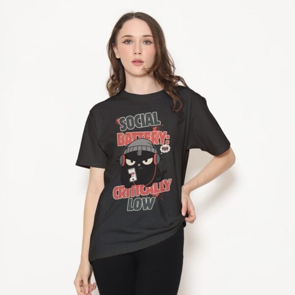 blackscowl-unisex-tee-social-battery-low-black-female-style Female model wearing Anti-Social Cat T-Shirt in Black Heather