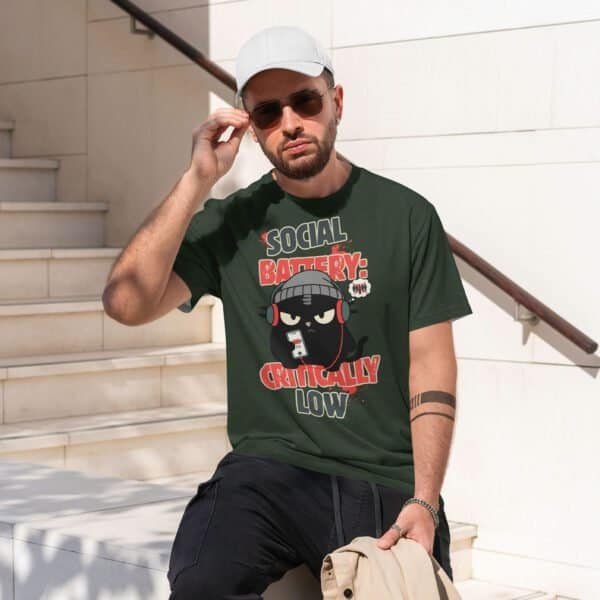 blackscowl-unisex-tee-social-battery-low-green-model-2 Male model wearing Anti-Social Humor Tee in Heather Emerald