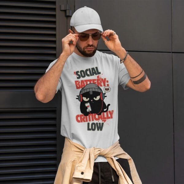 blackscowl-unisex-tee-social-battery-low-white-model-1 Sarcastic Introvert Cat T-Shirt - "Social Battery Critically Low" in White