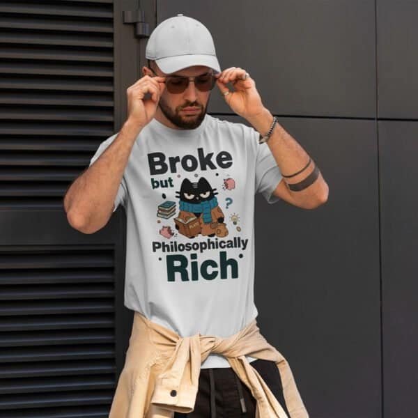 Philosopher Cat T-Shirt: "Broke but Philosophically Rich"