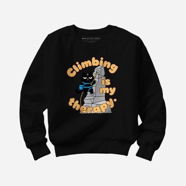 climbing-cat-sweatshirt-color-black Black Scowl cat sweatshirt in black. Sarcastic rock climbing humor apparel.