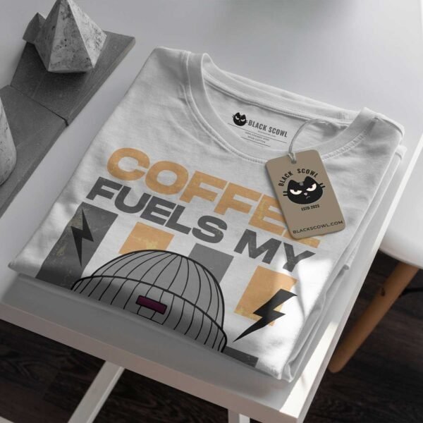 coffee-regret-tshirt-folded-tag-mockup Coffee Fuels My Regret Sarcastic Cat T-Shirt | Black Scowl