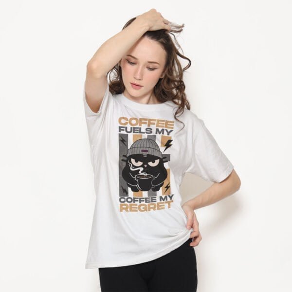 coffee-regret-tshirt-white-female-model Coffee Fuels My Regret Sarcastic Cat T-Shirt | Black Scowl