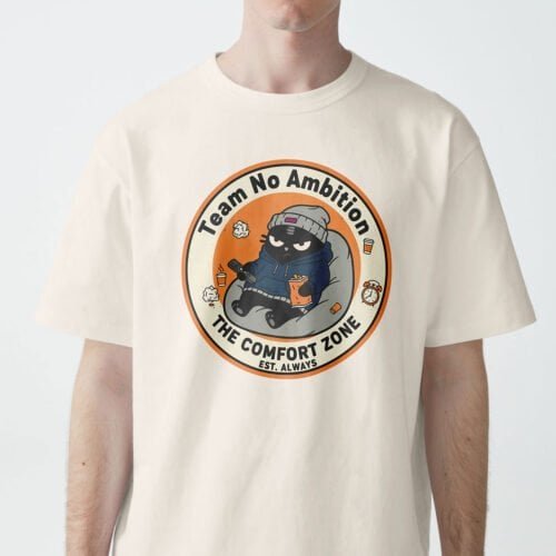 Detailed shot of the Black Scowl cat design with a beanie and the "The Comfort Zone" slogan.