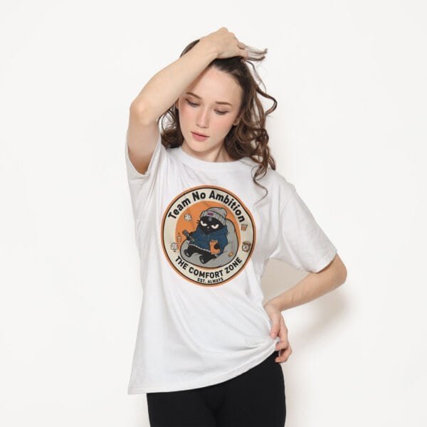 comfort-zone-cat-tshirt-white-female-model.jpg Team No Ambition Sloth Cat T-Shirt | The Comfort Zone Black Scowl