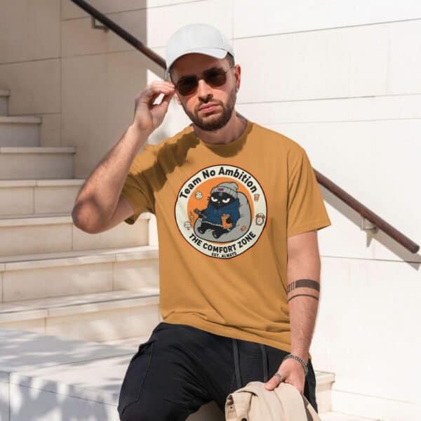 comfort-zone-tshirt-toast-male-model Male model wearing the Toast colored anti-ambition graphic tee. The ultimate sloth humor apparel.