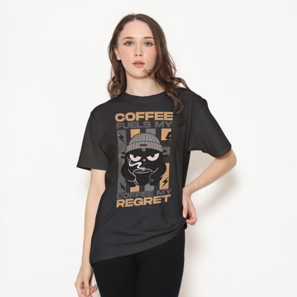 cynical-coffee-tshirt-black-female-model Female model in the dark gray/black version of the sarcastic coffee cat t-shirt.