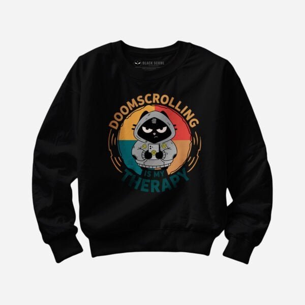 doomscrolling-cat-sweatshirt-color-black Doomscrolling is My Therapy Crewneck Sweatshirt | Black Scowl
