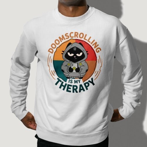 doomscrolling-therapy-seams-detail-black Close-up view of the sweatshirt's cuff, showing the double-needle stitching for durability.