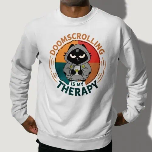 doomscrolling-therapy-seams-detail-black Close-up view of the sweatshirt's cuff, showing the double-needle stitching for durability.