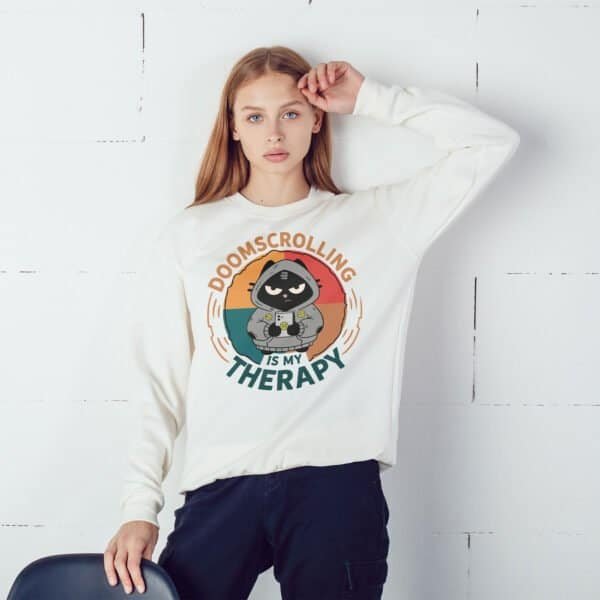 doomscrolling-therapy-sweatshirt-model-front Doomscrolling is My Therapy Crewneck Sweatshirt | Black Scowl