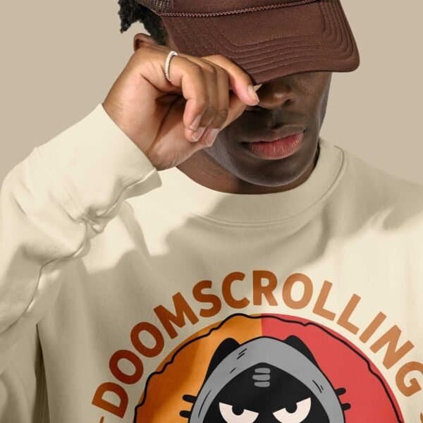 doomscrolling-therapy-sweatshirt-texture Model wearing Black Scowl "Doomscrolling" crewneck. Shows the unisex relaxed fit of the sweatshirt.