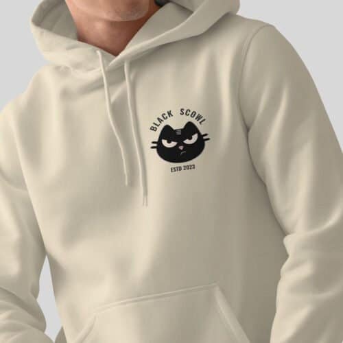 Man showing the "Emails Own My Soul" design on a Bone-colored hoodie. Existential humor apparel.