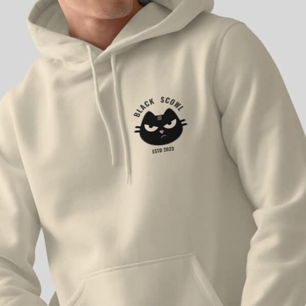 emails-own-my-soul-black-hoodie-front-mockup Man showing the "Emails Own My Soul" design on a Bone-colored hoodie. Existential humor apparel.