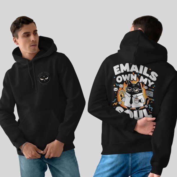 emails-own-my-soul-hoodie-black Black Scowl cynical cat hoodie in black with "Emails Own My Soul" design, perfect for WFH burnout humor.