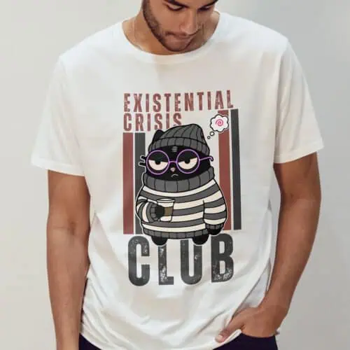existential-crisis-club-t-shirt-man-white-model Man modeling white "Existential Crisis Club" t-shirt from Black Scowl. Gen Z humor cat tee