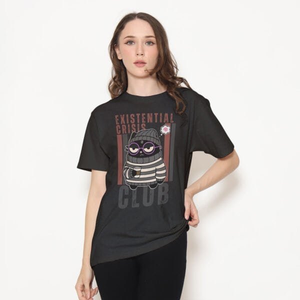 existential-crisis-club-t-shirt-woman-dark-grey Black Scowl "Existential Crisis Club" dark gray t-shirt on woman, showcasing sarcastic cat design.