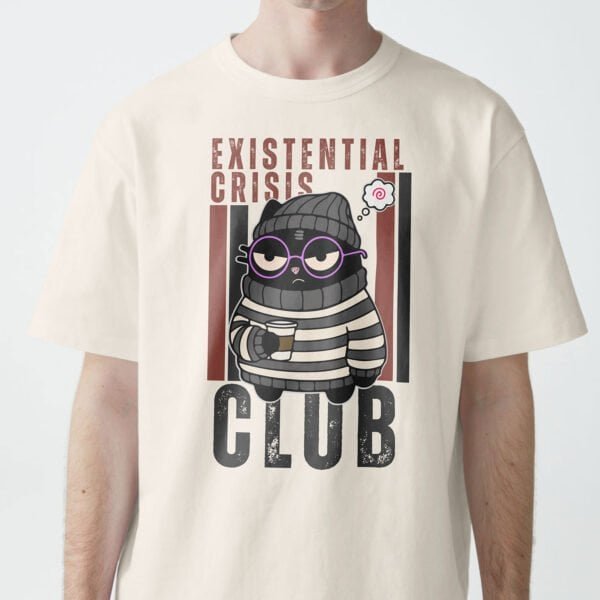 existential-crisis-club-tee-man-cream-close-up Close-up of man wearing vintage white "Existential Crisis Club" t-shirt with funny cat illustration and existential humor text.