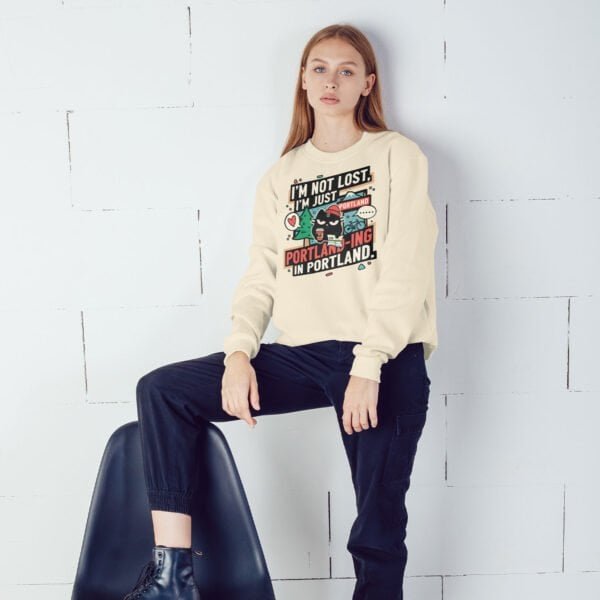 female-model-grumpy-cat-portland-sweater Sarcastic Portland Cat Sweatshirt | "I'm Just Portlanding" Crewneck | Black Scowl