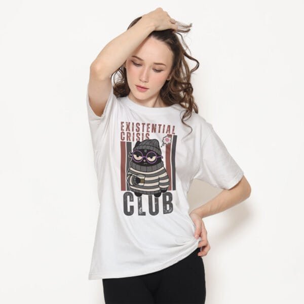 introvert-cat-t-shirt-woman-white-full-shot Woman wearing white "Existential Crisis Club" t-shirt in full shot. Perfect introvert and anxiety humor apparel.