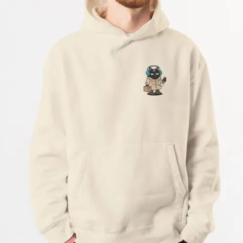 Male model showing off the Black Scowl universe anxiety hoodie, featuring the trench coat cat.
