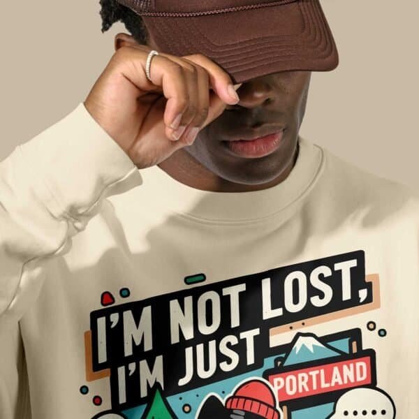 male-model-existential-portland-apparel Sarcastic Portland Cat Sweatshirt | "I'm Just Portlanding" Crewneck | Black Scowl