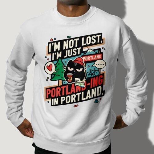 man-bike-portland-humor-sweatshirt-pdx Man wearing the "I'm Not Lost, I'm Just Portland-ing" sweatshirt, with a bike. PDX humor.