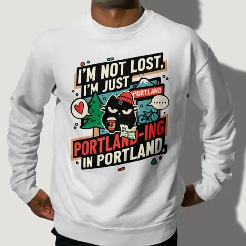 man-bike-portland-humor-sweatshirt-pdx Man wearing the "I'm Not Lost, I'm Just Portland-ing" sweatshirt, with a bike. PDX humor.
