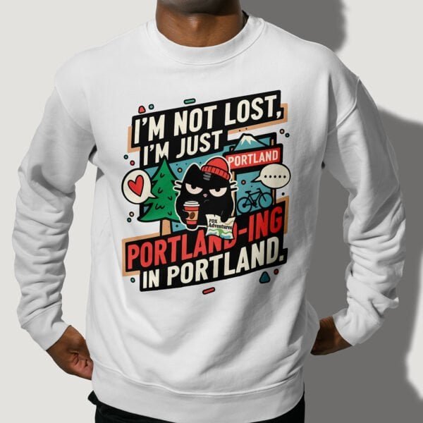 man-bike-portland-humor-sweatshirt-pdx Man wearing the "I'm Not Lost, I'm Just Portland-ing" sweatshirt, with a bike. PDX humor.