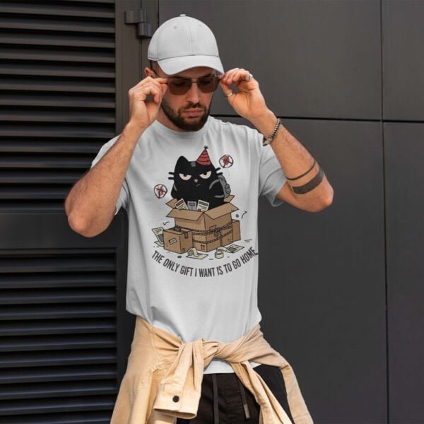 man-cynical-gift-white-tshirt-anti-birthday The Only Gift I Want Is To Go Home T-Shirt | Black Scowl Introvert Tee
