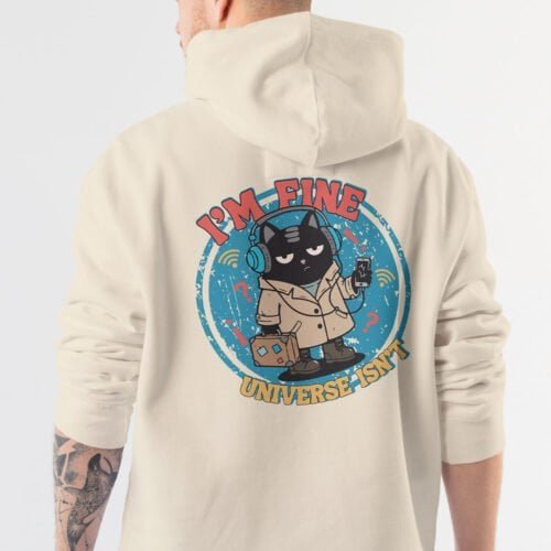 man-introvert-travel-hoodie-cynical Man wearing the sarcastic "I'm Fine, Universe Isn't" hoodie. Cynical introvert style.