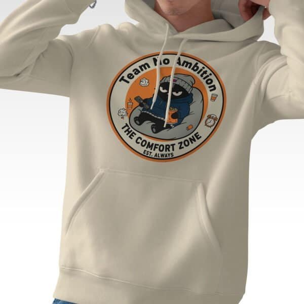 man-on-couch-team-no-ambition-green-hoodie Front view mockup of the Black Scowl sloth humor black hoodie. Core design: "Team No Ambition" patch.