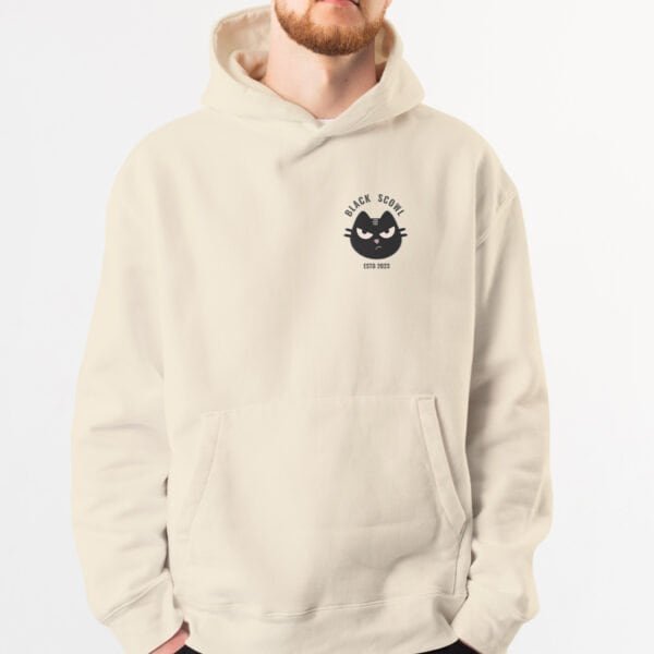 man-on-laptop-emails-own-my-soul-green-hoodie Front view mockup of the Black Scowl cynical cat black hoodie. Core design: "Emails Own My Soul".