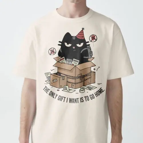 Black Scowl White t-shirt: "The Only Gift I Want Is To Go Home" (tired of peopling humor).