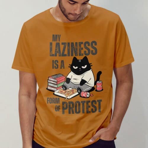 man-protest-laziness-shirt-orange-portada Man with dreadlocks wearing the Toast t-shirt with the "My Laziness Is a Form of Protest" design (anti-motivation).