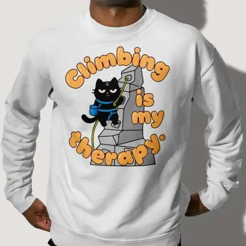 man-sarcastic-climbing-humor-sweatshirt-gym Man wearing the "Climbing Is My Therapy" sarcastic sweatshirt. Gym humor.