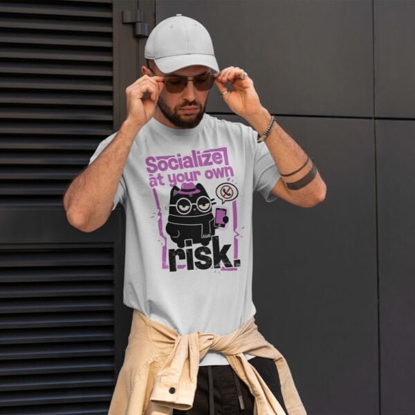 man-socialize-at-your-own-risk-vintage-white-tee Socialize At Your Own Risk Introvert Cat T-Shirt | Black Scowl