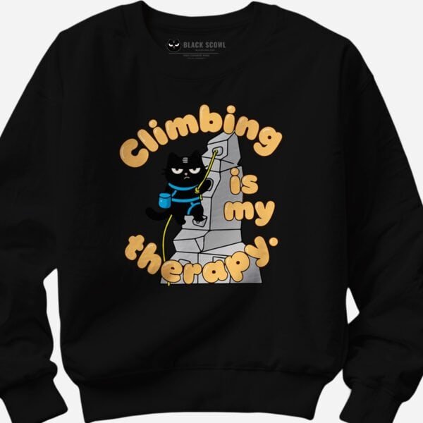 mockup-black-scowl-climbing-sweatshirt-detail Detail view mockup of the Black Scowl climbing sweatshirt graphic, focusing on the grumpy cat and safety harness.