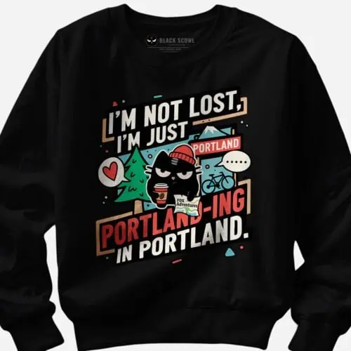 Detail view mockup of the Black Scowl Portland sweatshirt graphic, focusing on the grumpy cat