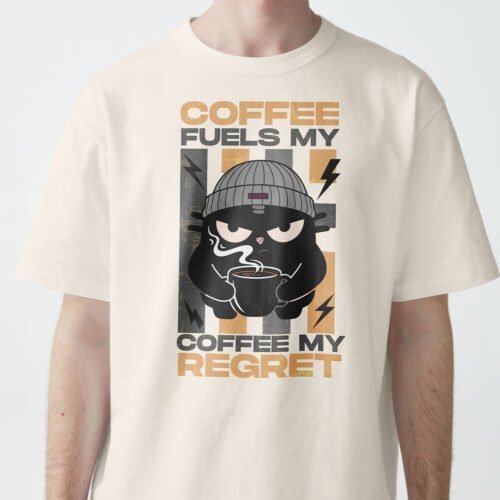 Detailed shot of the Black Scowl cat design on the Vintage White tee, perfect for WFH humor.