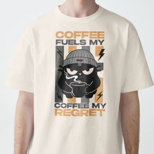 sarcastic-coffee-cat-design-zoom-shot Detailed shot of the Black Scowl cat design on the Vintage White tee, perfect for WFH humor.